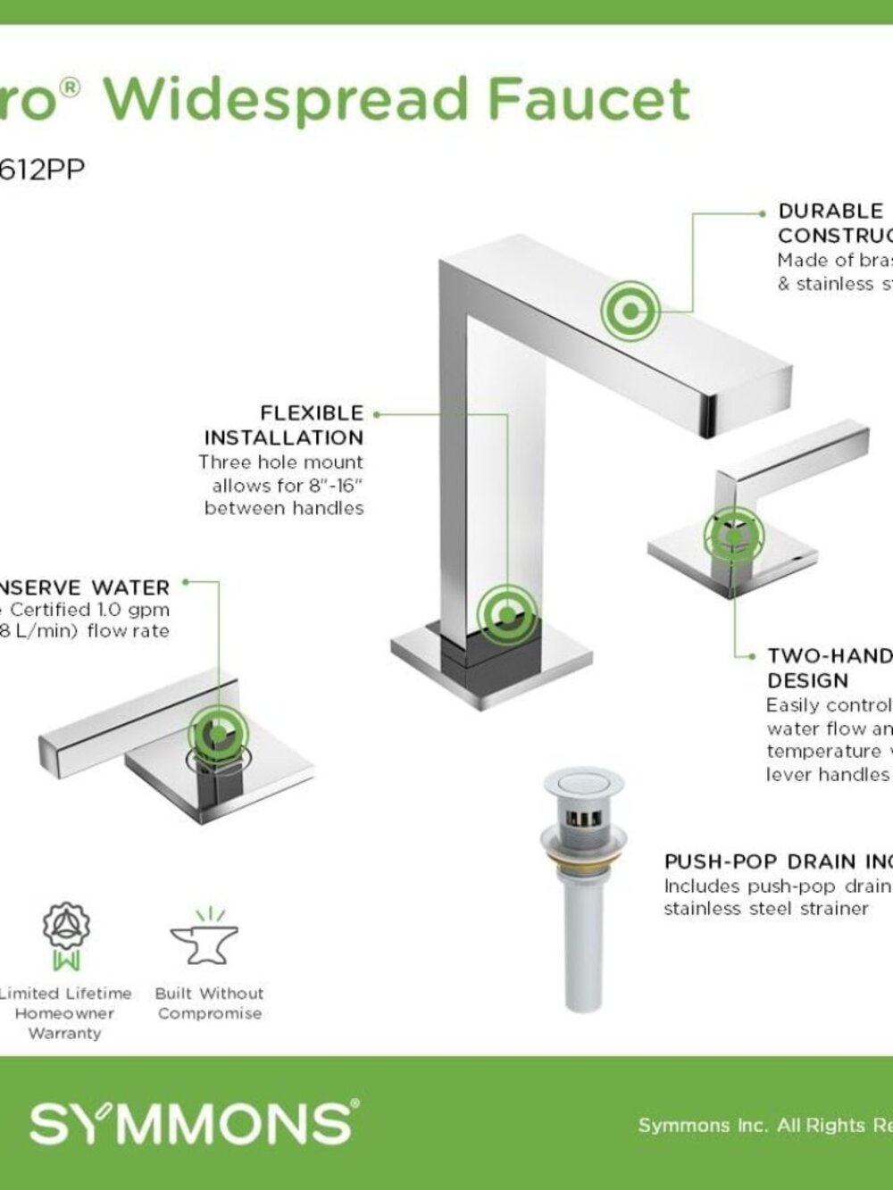 Symmons Duro Widespread Two-Handle Bathroom Faucet with Push Pop Drain Assembly
